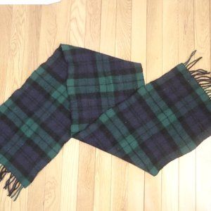 L.L. Bean Scarf Unisex 100% Lambswool Plaid Blue Green 11"x54" plus 3" Fringe